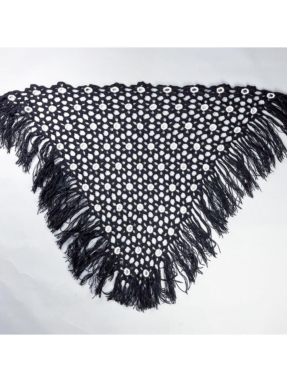 Handmade Black and White Crochet Shawl with Fringe